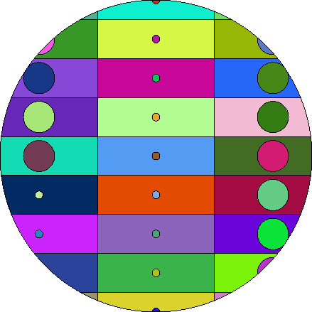 A 2D image of a lattice filling a sphere. Lattice cells are rectangular and contain circles of different sizes.